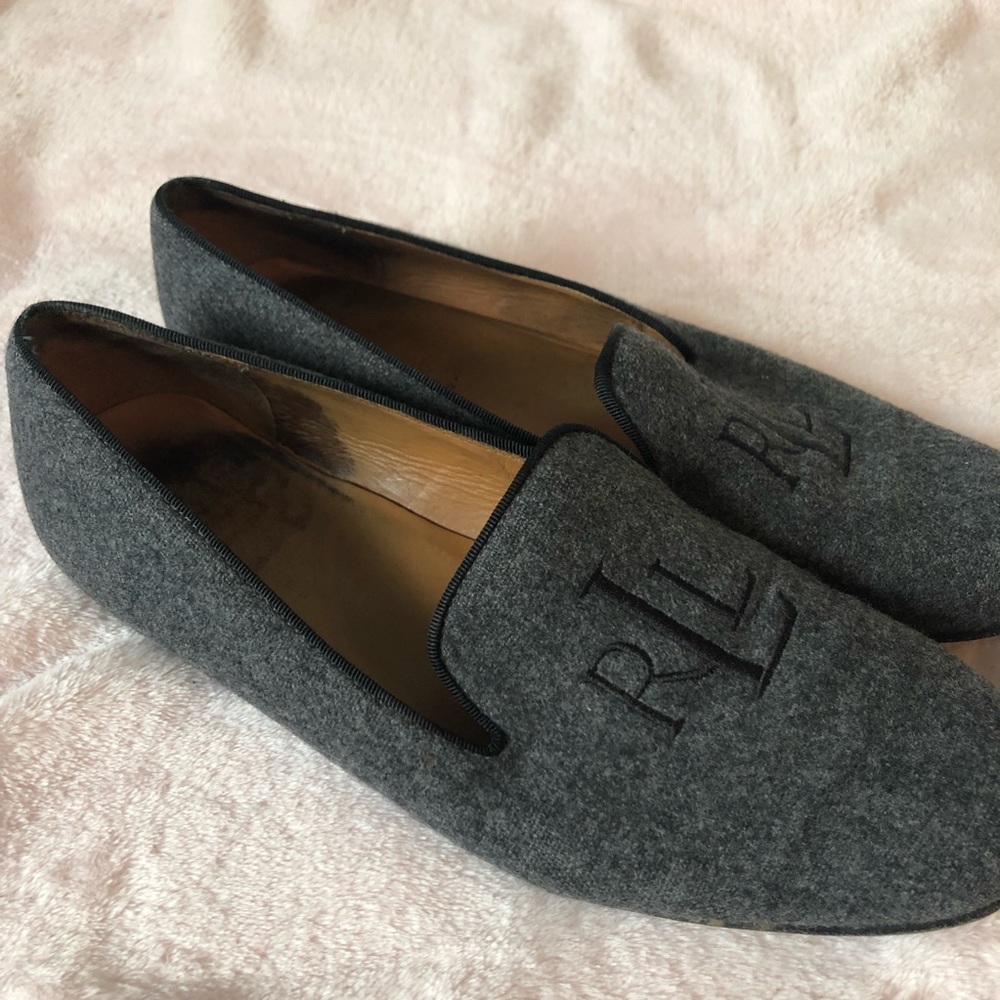 Ralph Lauren Monogrammed Gray Loafers size 6 1/2
